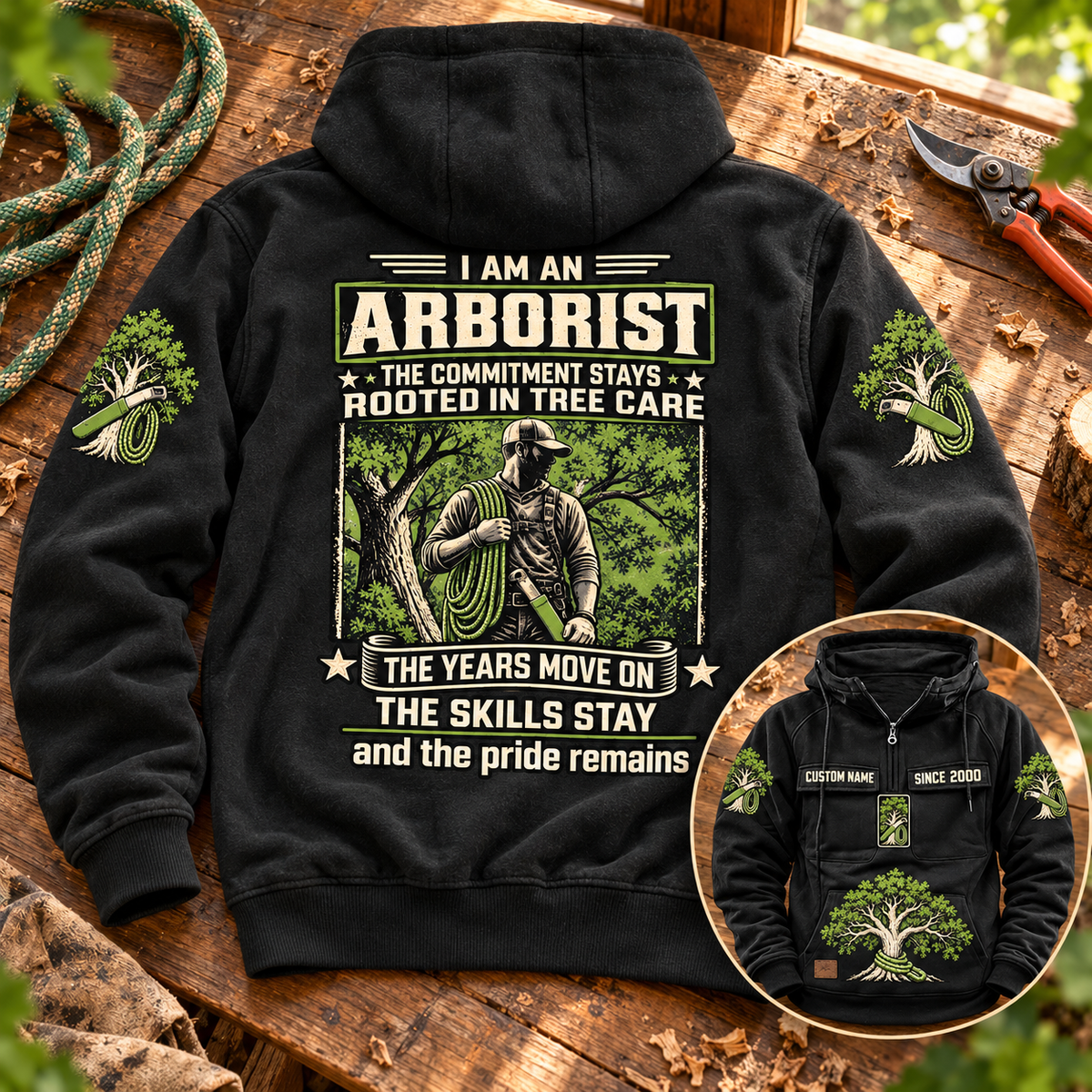Black Arborist Skills and Pride Vintage Hoodie on a warm workshop bench, with a large readable back statement and arborist portrait plus a small front-detail inset.