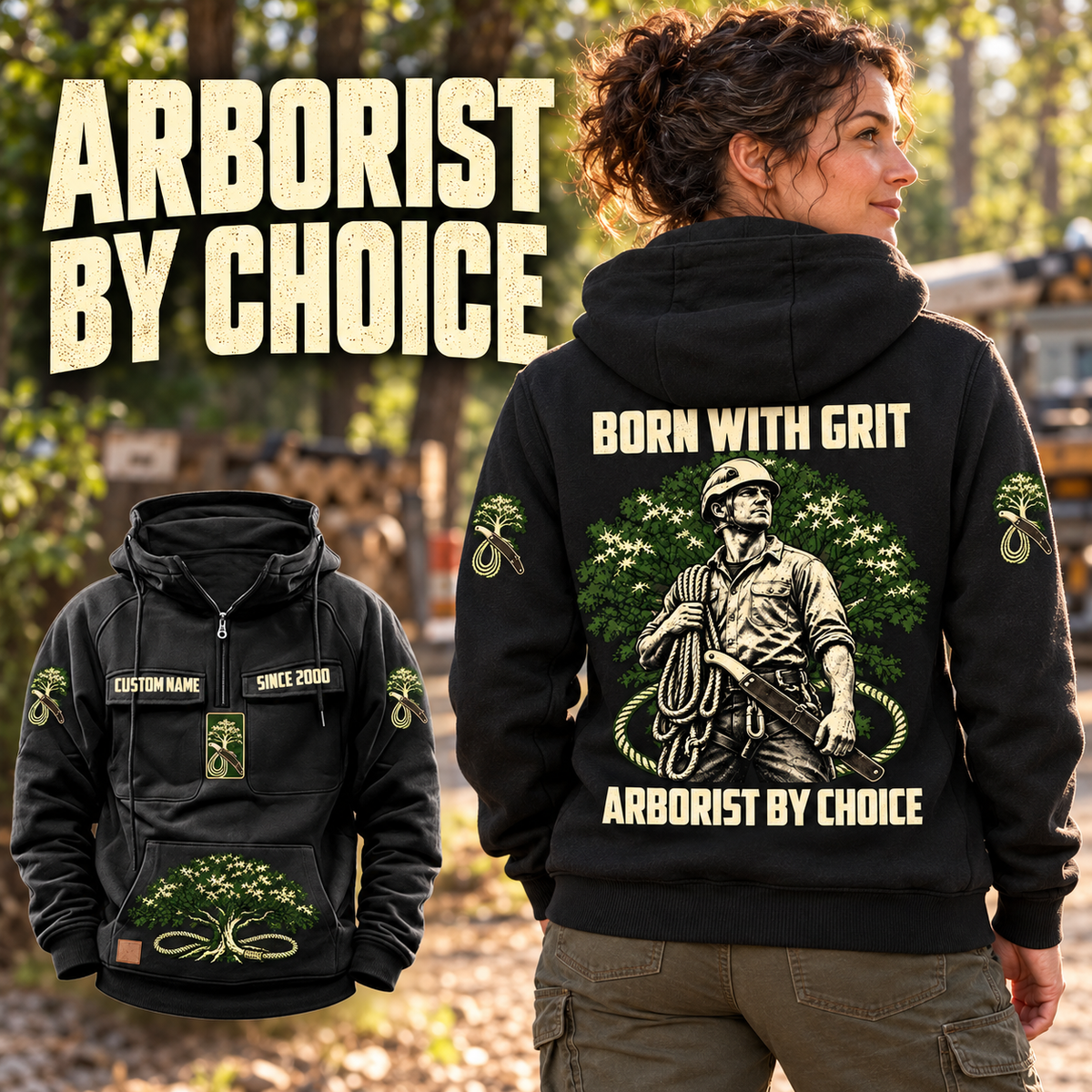 Black Arborist By Choice Vintage Hoodie shown on an off-duty woman in a woodland yard, with large BORN WITH GRIT back artwork and a smaller full front view.