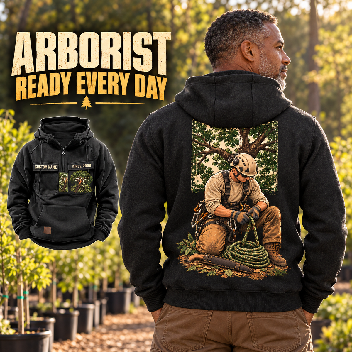Black Arborist Ready Every Day Portrait Vintage Hoodie on an off-duty adult at a tree nursery, showing kneeling-arborist back artwork and a smaller front view with CUSTOM NAME and SINCE 2000.