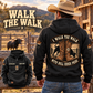 Black Bull Rider Walk the Walk Badge Vintage Hoodie on a cowboy at a ranch, with large boots-and-bull back artwork and a smaller front view.