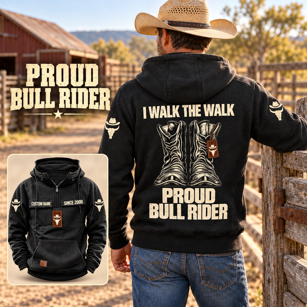 Black Bull Rider Proud Walk Vintage Hoodie worn by an adult cowboy at a sunlit corral, showing cream western boots and I WALK THE WALK / PROUD / BULL RIDER back artwork, with a smaller front view.
