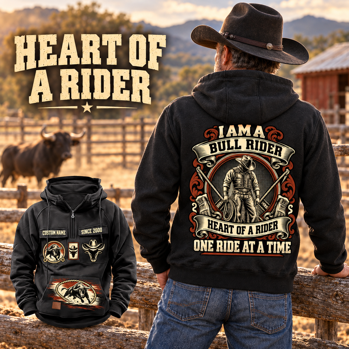 Black Bull Rider Heritage Crest Vintage Hoodie shown from the back on a cowboy in a dark felt hat beside a ranch fence, with its cream-and-rust crest and a smaller matching front view.