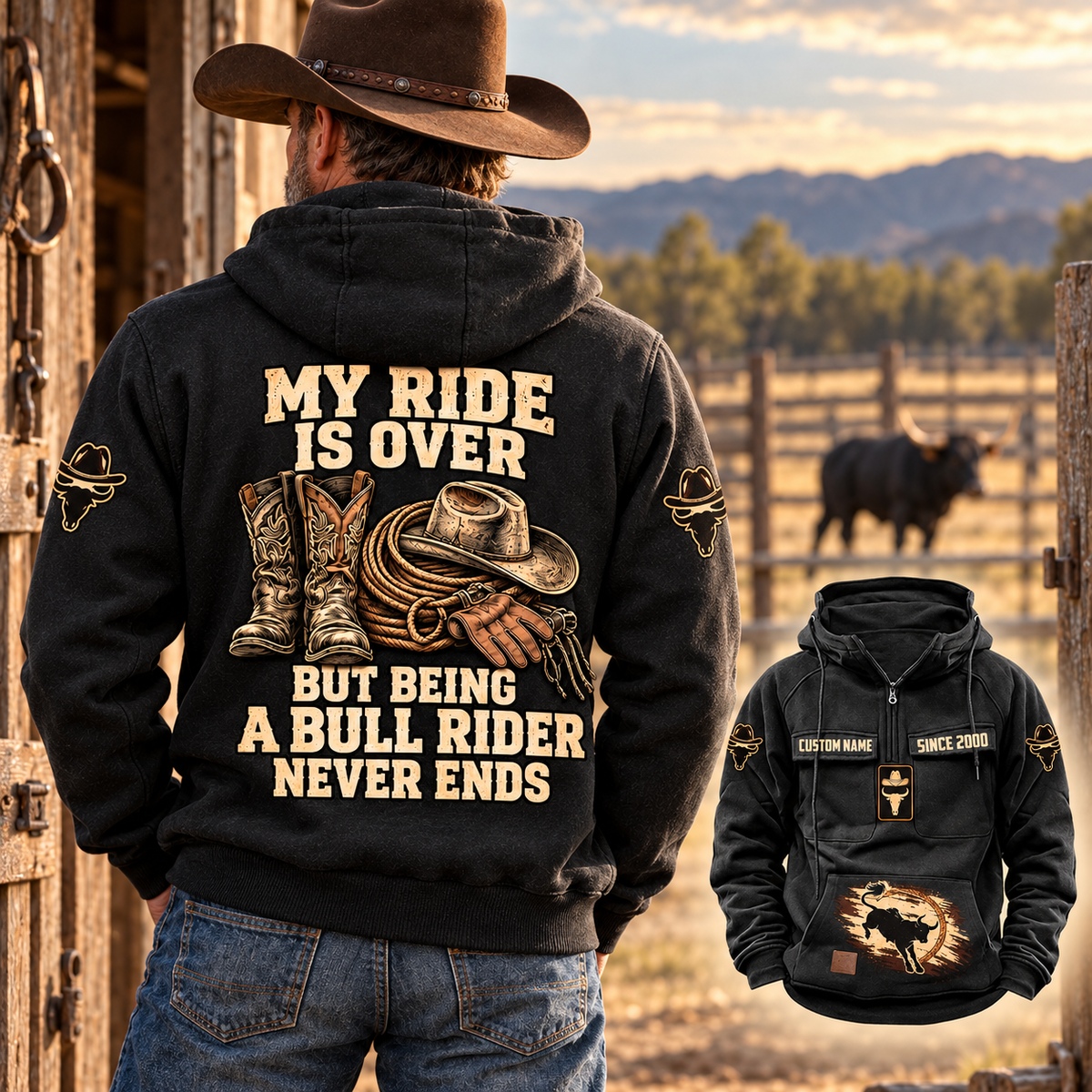 Adult cowboy wearing the Black Bull Rider Never Ends Vintage Hoodie beside a stable, showing its western back artwork and a smaller front view.