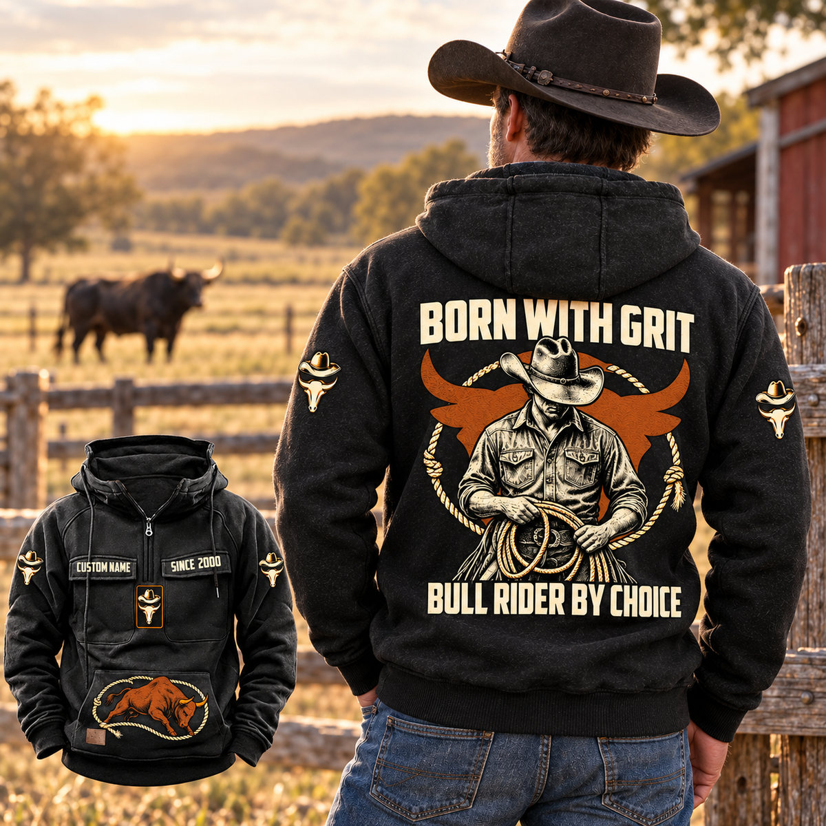 Black Bull Rider By Choice Vintage Hoodie on an adult cowboy at a ranch fence, showing BORN WITH GRIT cowboy-and-rope back artwork and a smaller detailed front view.