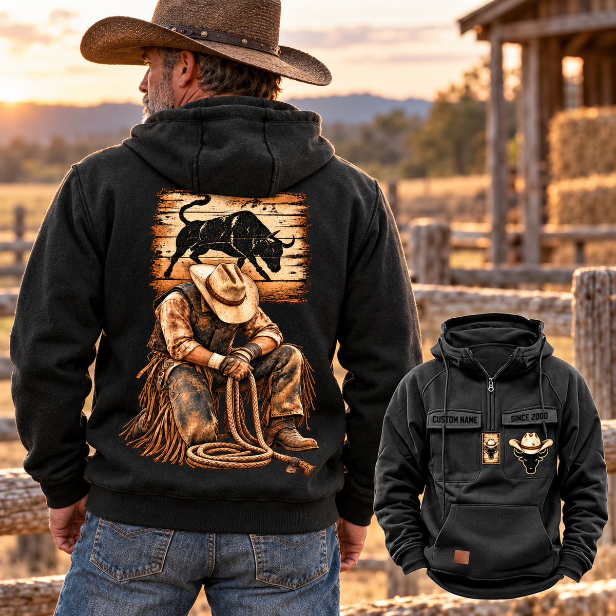 Adult cowboy wearing the Black Bull Rider Ready Every Day Portrait Vintage Hoodie beside a warm ranch barn, showing the bull and kneeling cowboy back art, with a smaller front view.