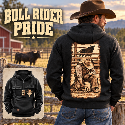 Black Bull Rider Workday Portrait Vintage Hoodie on a cowboy at a ranch, showing sepia kneeling-cowboy back artwork and a smaller front view with CUSTOM NAME and SINCE 2000.