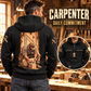 Black Carpenter Daily Commitment hoodie with large kneeling carpenter back artwork in a woodworking workshop and a smaller front-view inset.