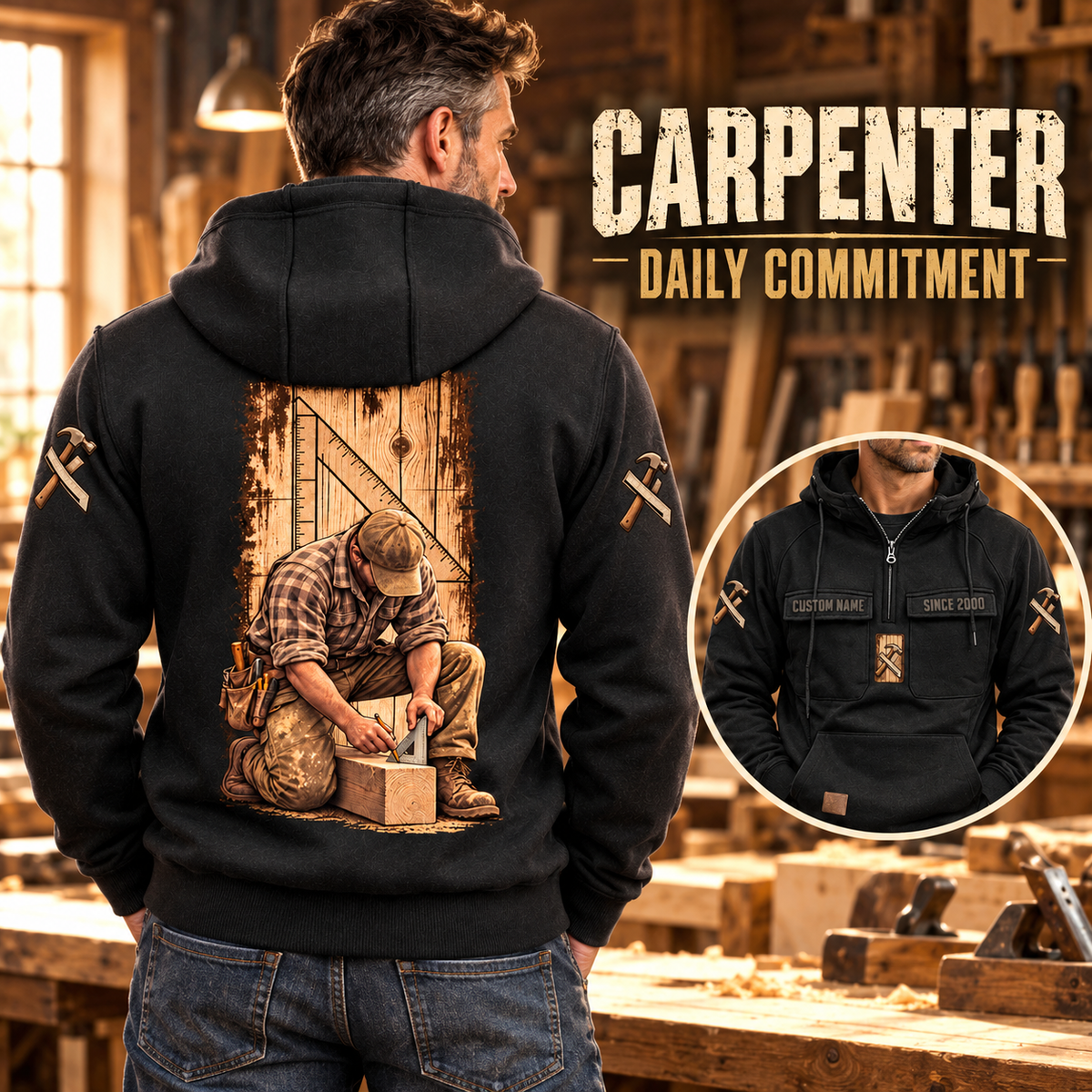 Black Carpenter Daily Commitment hoodie with large kneeling carpenter back artwork in a woodworking workshop and a smaller front-view inset.