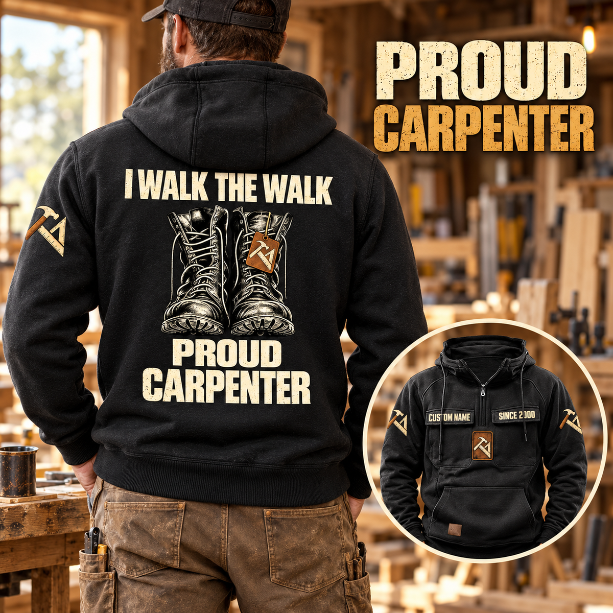 Black Carpenter Proud Walk hoodie with boot-pair back artwork in a woodworking workshop, plus a smaller front view.