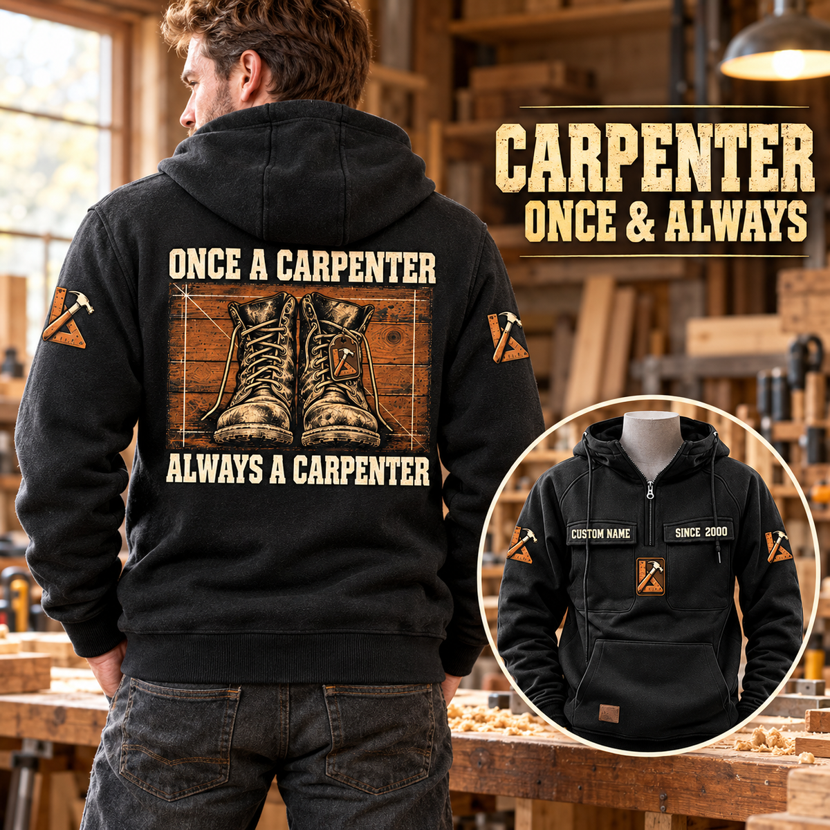 Black Carpenter Once and Always hoodie shown from the back in a woodworking workshop, with work-boot artwork and a smaller front-view inset.