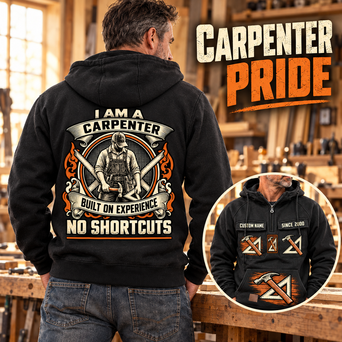 Black Carpenter Heritage Crest hoodie shown from the back in a woodworking shop, with readable carpenter-pride crest and a smaller front-detail inset.
