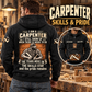 Black Carpenter Skills and Pride Vintage Hoodie in a woodworking workshop, with a large back-view carpenter graphic and a smaller front-view inset.