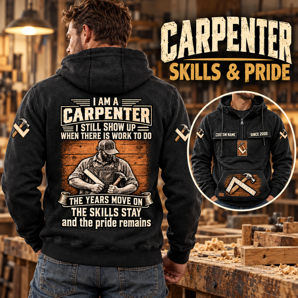 Black Carpenter Skills and Pride Vintage Hoodie in a woodworking workshop, with a large back-view carpenter graphic and a smaller front-view inset.