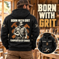 Black Carpenter By Choice hoodie shown from the back in a woodworking shop, with BORN WITH GRIT portrait artwork and a smaller front view.