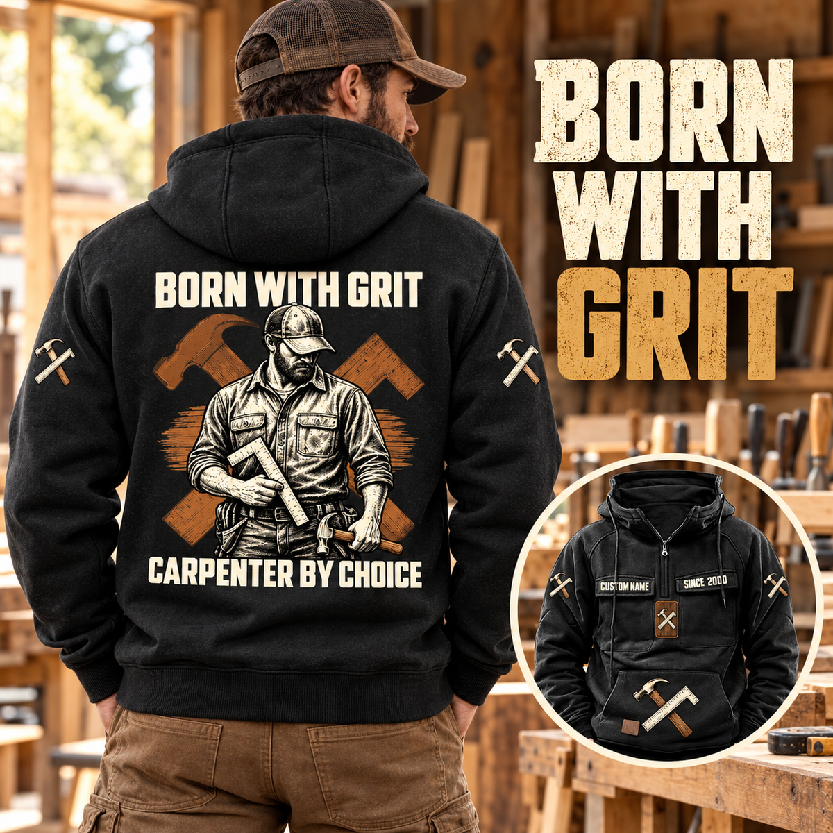 Black Carpenter By Choice hoodie shown from the back in a woodworking shop, with BORN WITH GRIT portrait artwork and a smaller front view.