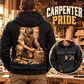 Black Carpenter Ready Every Day Portrait hoodie with kneeling-carpenter back artwork in a warm workshop, plus a front inset showing CUSTOM NAME and SINCE 2000.