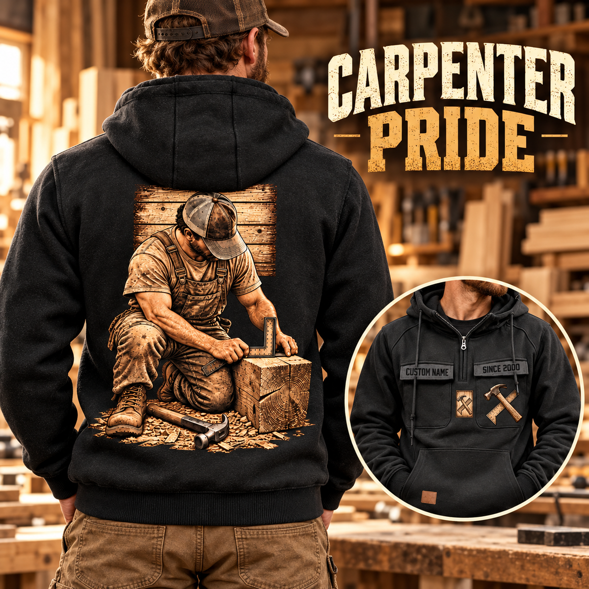 Black Carpenter Ready Every Day Portrait hoodie with kneeling-carpenter back artwork in a warm workshop, plus a front inset showing CUSTOM NAME and SINCE 2000.