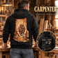 Black Carpenter Workday Portrait hoodie worn from behind in a woodworking workshop, with kneeling carpenter artwork and a smaller front-view inset.