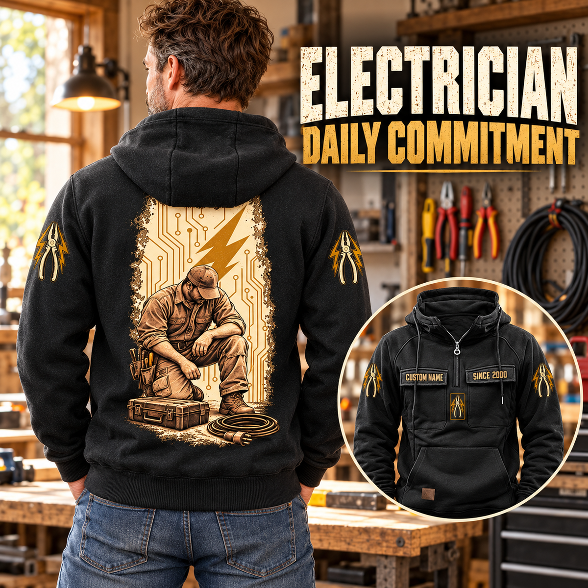 Black Electrician Daily Commitment hoodie on a back-view model in a warm workshop, featuring kneeling electrician, lightning and circuit artwork, with a smaller front inset showing CUSTOM NAME and SINCE 2000 chest pockets.
