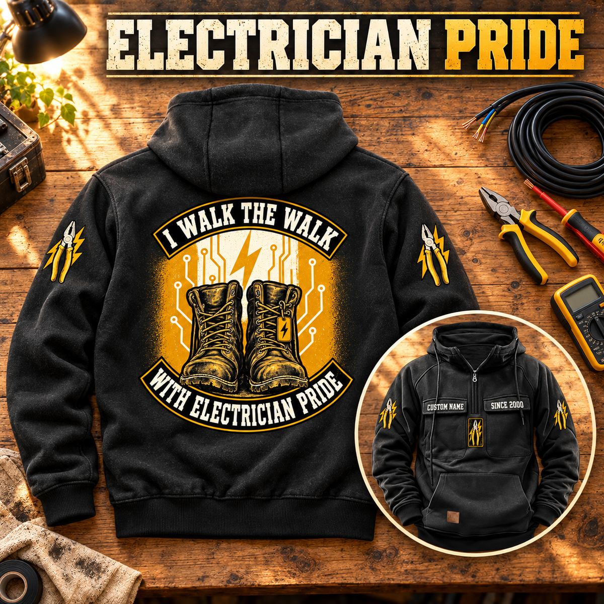 Black Electrician Walk the Walk Badge Vintage Hoodie shown from the back on an electrical workbench, with a smaller front view showing CUSTOM NAME and SINCE 2000.