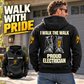 Black Electrician Proud Walk Vintage Hoodie shown from the back on a model outside a home garage, featuring work boots and I WALK THE WALK / PROUD ELECTRICIAN artwork, with a smaller front view showing CUSTOM NAME and SINCE 2000.
