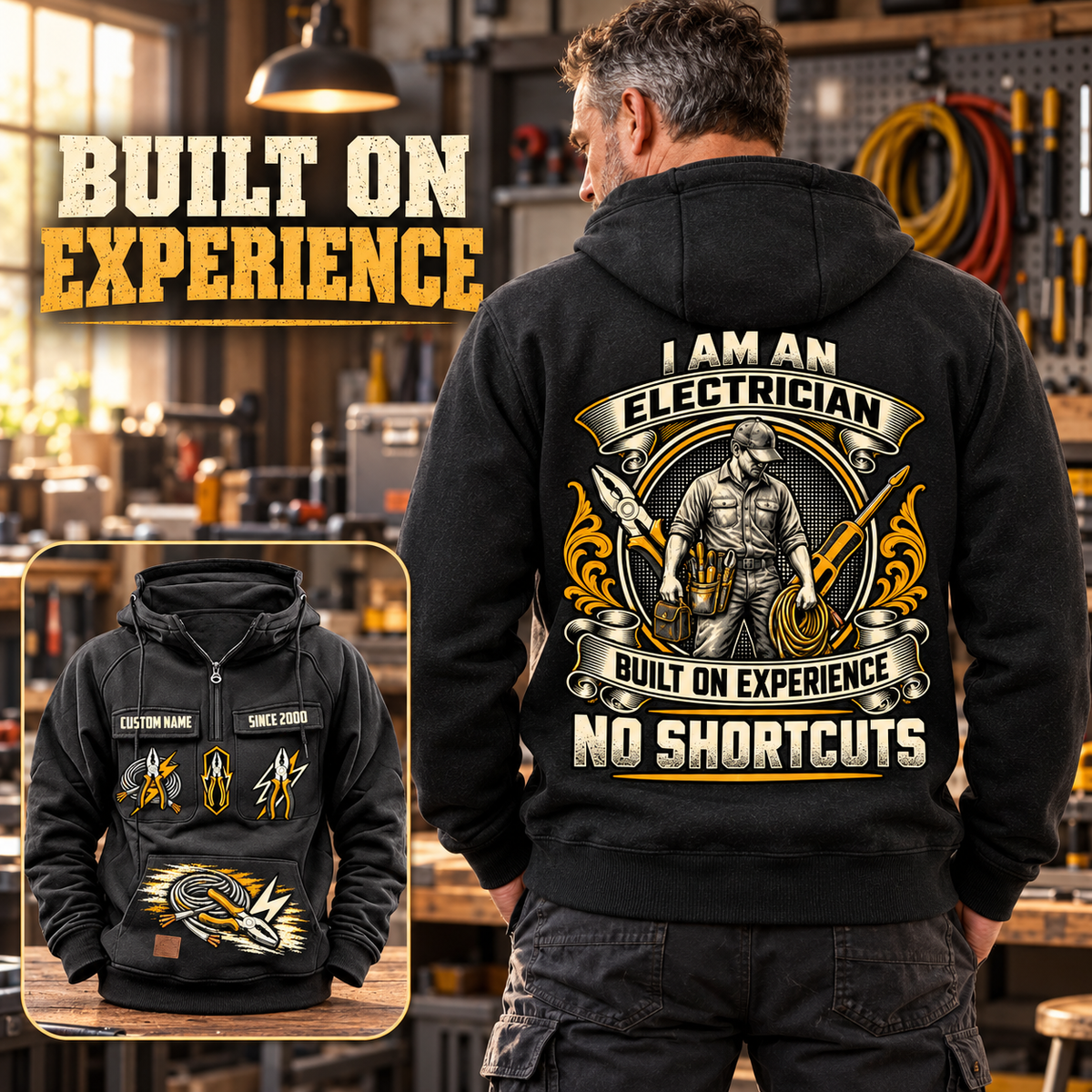 Black Electrician Heritage Crest Vintage Hoodie worn from the back in a warmly lit workshop, showing the cream and gold electrician crest and NO SHORTCUTS text, with a smaller front view showing CUSTOM NAME, SINCE 2000 and tool graphics.