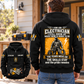 Black Electrician Skills and Pride Vintage Hoodie on a relaxed back-view model beside a home workshop doorway, with a smaller front inset, cream and yellow electrician artwork, CUSTOM NAME and SINCE 2000 details, and a closed toolbox in the background.