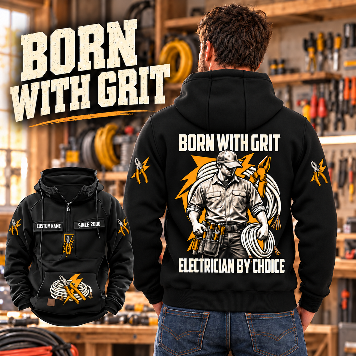 Black Electrician By Choice Vintage Hoodie shown on a back-facing model in a softly sunlit electrical workshop, with a smaller complete front inset and cream BORN WITH GRIT lettering.