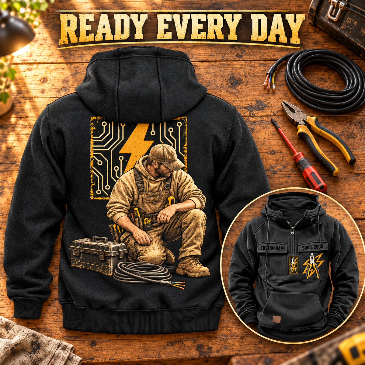 Black Electrician Ready Every Day Portrait Vintage Hoodie with large kneeling electrician, circuit and lightning back artwork on a warm wooden workbench, plus a smaller front inset showing CUSTOM NAME, SINCE 2000 and pliers emblems.