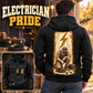 Black Electrician Workday Portrait Vintage Hoodie worn by an off-duty model outside a home workshop, showing the large kneeling-electrician circuit and lightning back artwork, with a smaller full front view showing CUSTOM NAME, SINCE 2000 and pliers emblems.