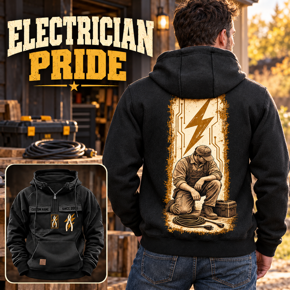 Black Electrician Workday Portrait Vintage Hoodie worn by an off-duty model outside a home workshop, showing the large kneeling-electrician circuit and lightning back artwork, with a smaller full front view showing CUSTOM NAME, SINCE 2000 and pliers emblems.