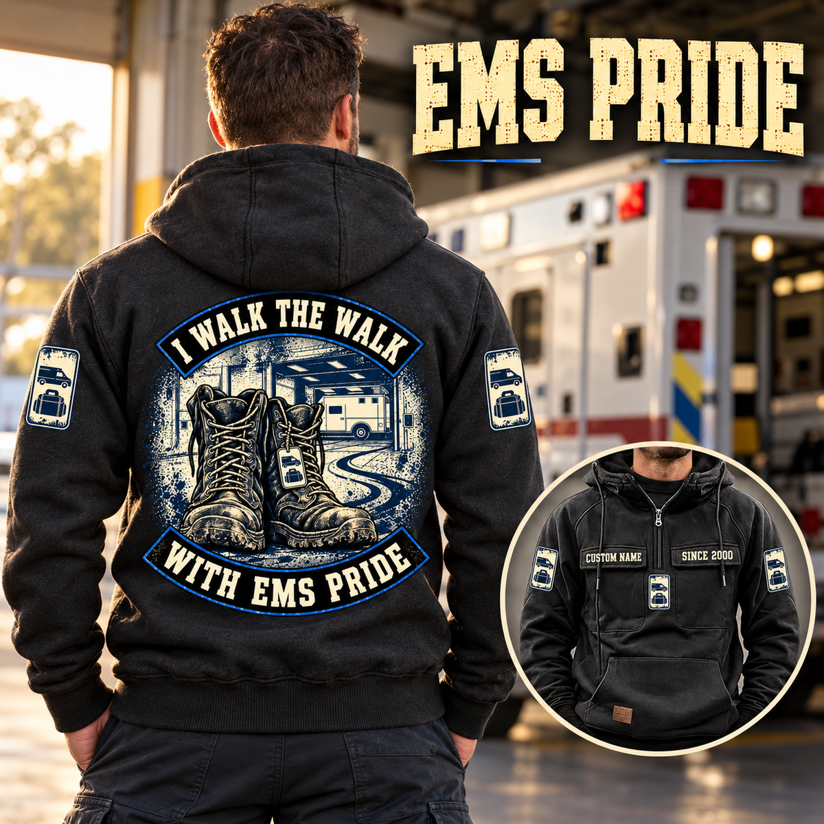 Black EMS Walk the Walk Badge Vintage Hoodie on a back-view model beside a parked ambulance, with I WALK THE WALK / WITH EMS PRIDE boot artwork and a smaller front-view inset.