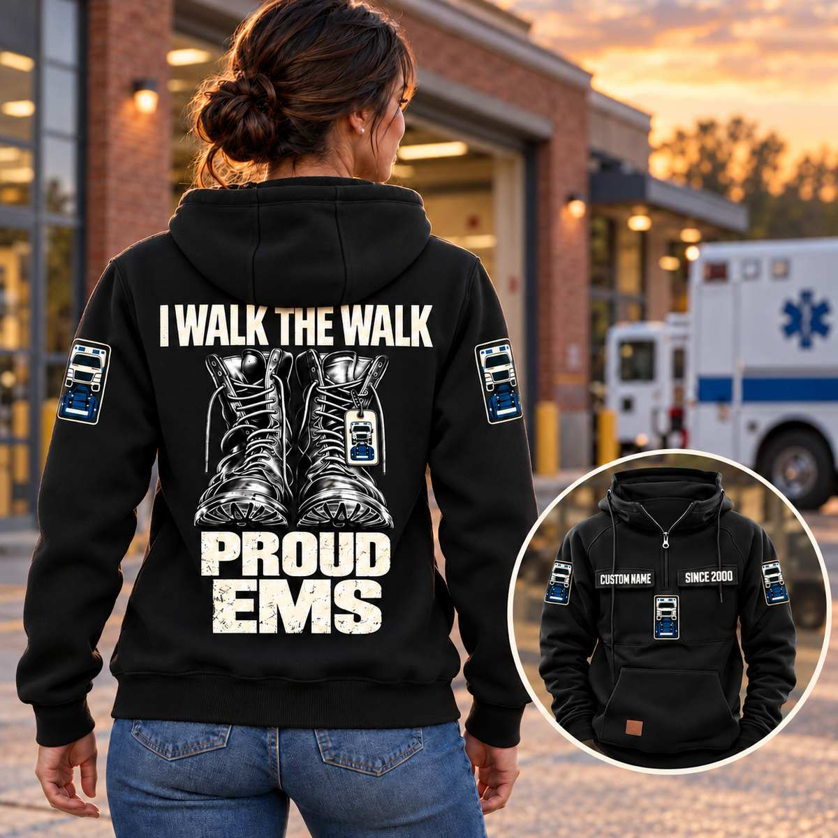 Black EMS Proud Walk Vintage Hoodie worn from behind outside a quiet EMS station, showing I WALK THE WALK, boot artwork and PROUD EMS lettering, with a smaller complete-front view.
