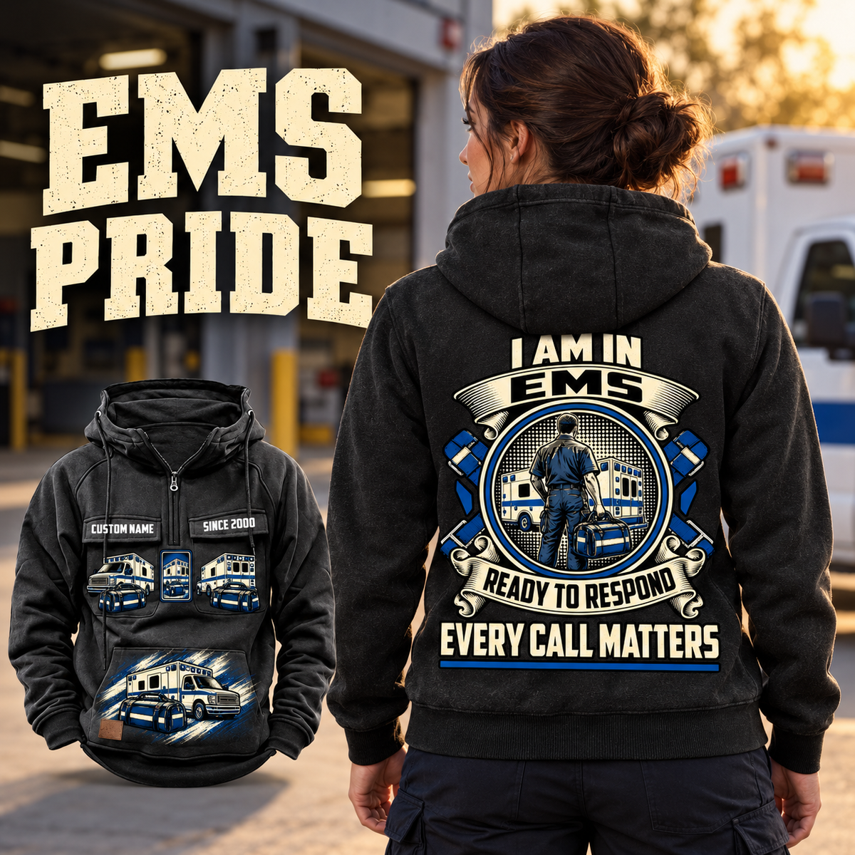 Black EMS Heritage Crest Vintage Hoodie worn by an adult woman outside an EMS station, showing the large cream-and-blue back crest and a smaller front-view inset with CUSTOM NAME and SINCE 2000.