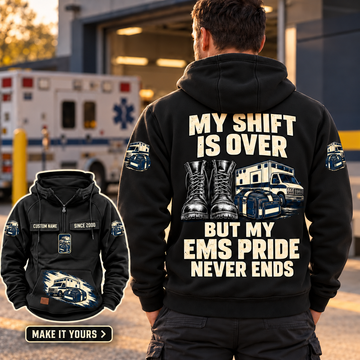 Black EMS Never Ends Vintage Hoodie worn from behind at a quiet ambulance station, with boots, ambulance and response bag artwork, readable EMS pride slogan, and a smaller complete front view.