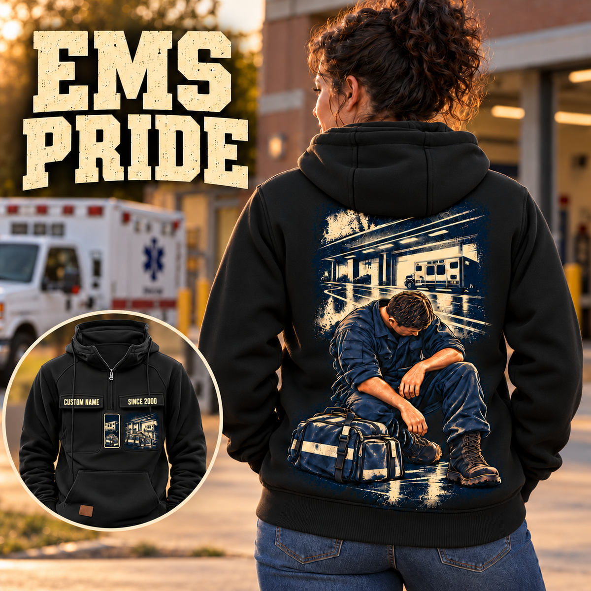 Black EMS Ready Every Day Portrait Vintage Hoodie on an adult woman outside a quiet ambulance station, with kneeling-worker back artwork, EMS PRIDE headline and a small front-view inset showing CUSTOM NAME and SINCE 2000.