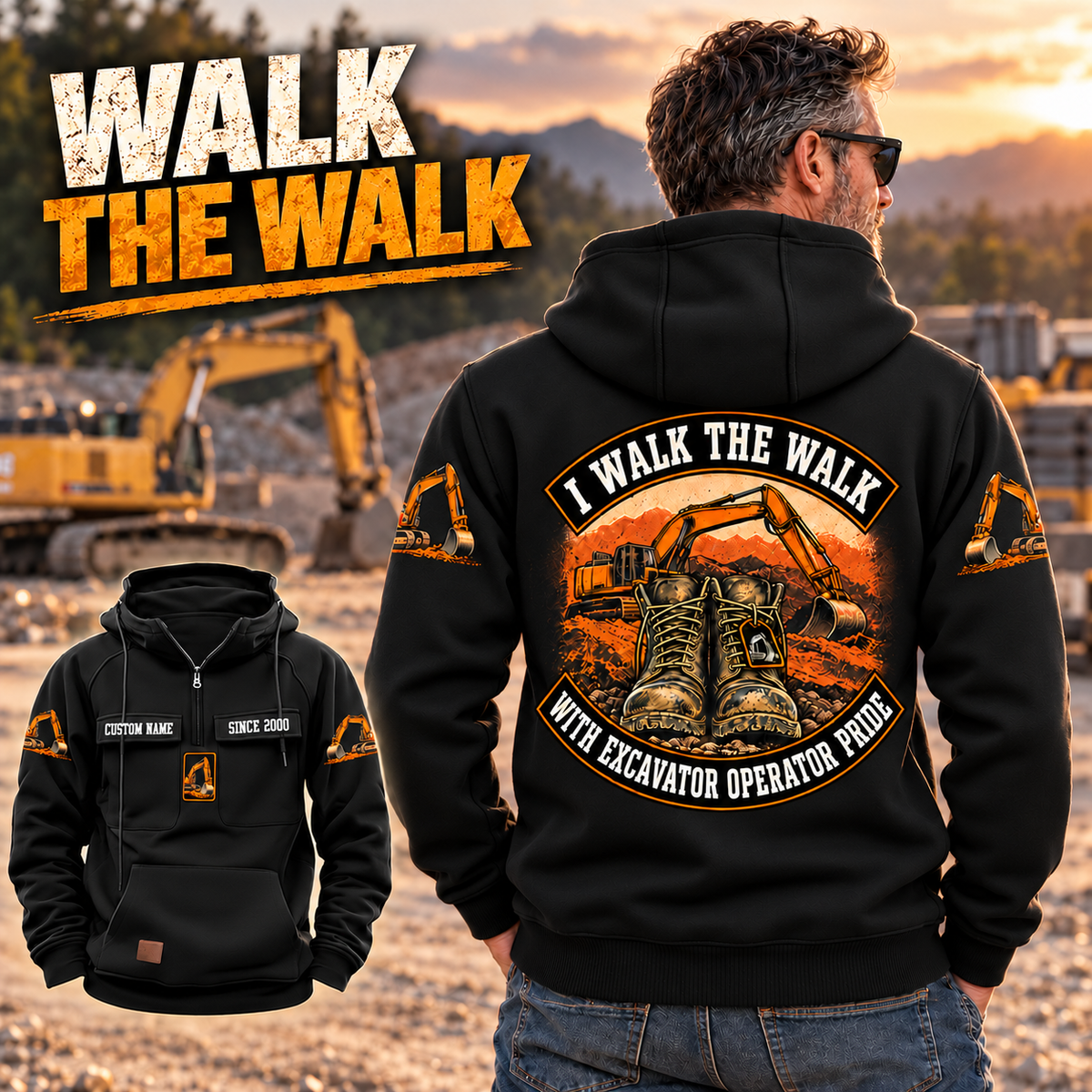 Black Excavator Operator Walk the Walk Badge Vintage Hoodie, shown on an adult from the back in a quiet equipment yard with a smaller front view.