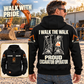 Black Excavator Operator Proud Walk Vintage Hoodie on a back-facing adult beside a parked excavator, with readable boot artwork and a smaller complete front view.