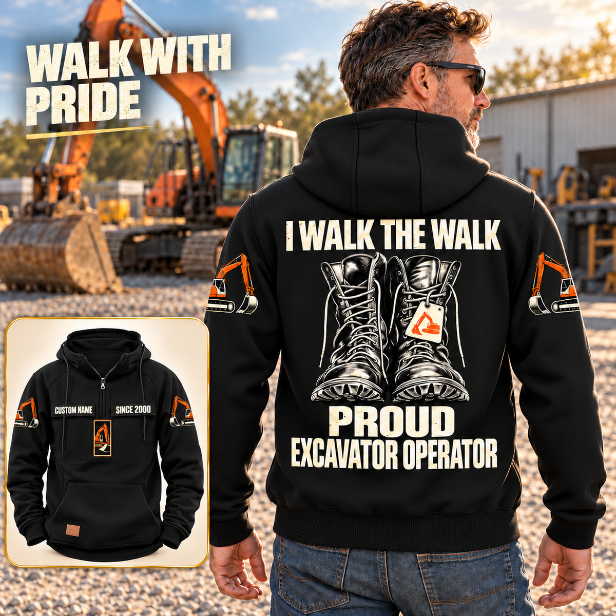Black Excavator Operator Proud Walk Vintage Hoodie on a back-facing adult beside a parked excavator, with readable boot artwork and a smaller complete front view.