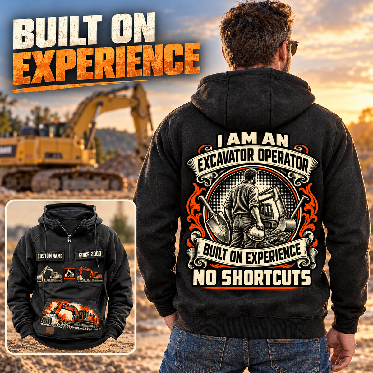 Black Excavator Operator Heritage Crest Vintage Hoodie on an off-duty man in a quiet equipment yard, showing the cream-and-orange back crest and a smaller front view with CUSTOM NAME and SINCE 2000.