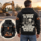 Back view of an adult wearing the Black Excavator Operator Never Ends Vintage Hoodie beside a parked excavator with lowered bucket, with a smaller full front view showing CUSTOM NAME and SINCE 2000.
