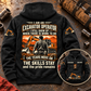 Black Excavator Operator Skills and Pride Vintage Hoodie displayed back-up on a workshop bench, with cream and orange operator-and-excavator artwork and a smaller matching front inset showing CUSTOM NAME and SINCE 2000.