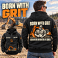 Black Excavator Operator By Choice Vintage Hoodie shown from the back on an adult in a quiet equipment yard, with BORN WITH GRIT artwork and a smaller front inset showing CUSTOM NAME and SINCE 2000.
