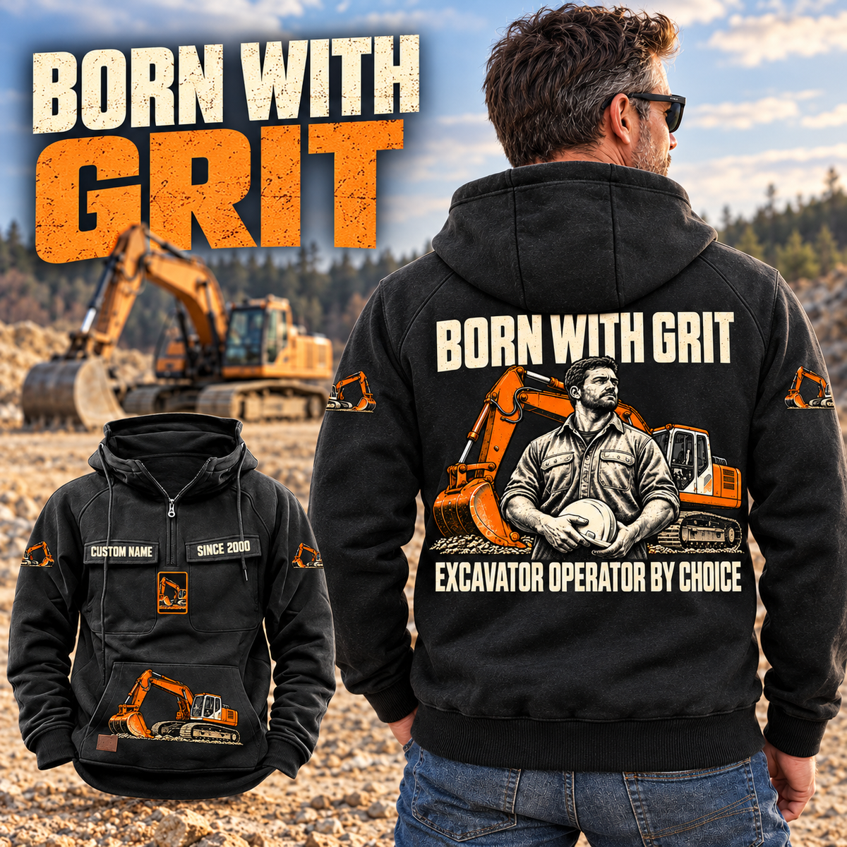 Black Excavator Operator By Choice Vintage Hoodie shown from the back on an adult in a quiet equipment yard, with BORN WITH GRIT artwork and a smaller front inset showing CUSTOM NAME and SINCE 2000.