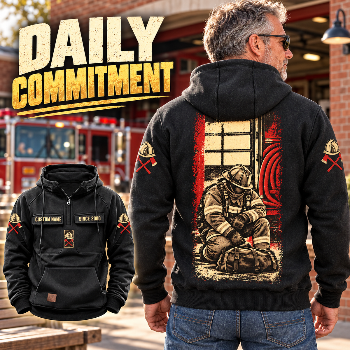 Gray-haired off-duty man wearing a black firefighter hoodie with a kneeling-firefighter back print, beside a station bench, with front inset.