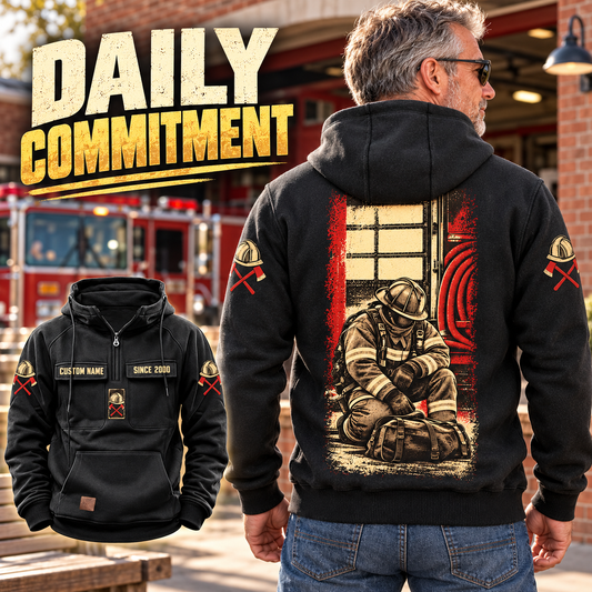 Gray-haired off-duty man wearing a black firefighter hoodie with a kneeling-firefighter back print, beside a station bench, with front inset.