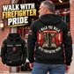 Black Firefighter Walk the Walk Badge Vintage Hoodie worn from behind at a brick fire station, showing boots and red hoses, with a smaller front view.
