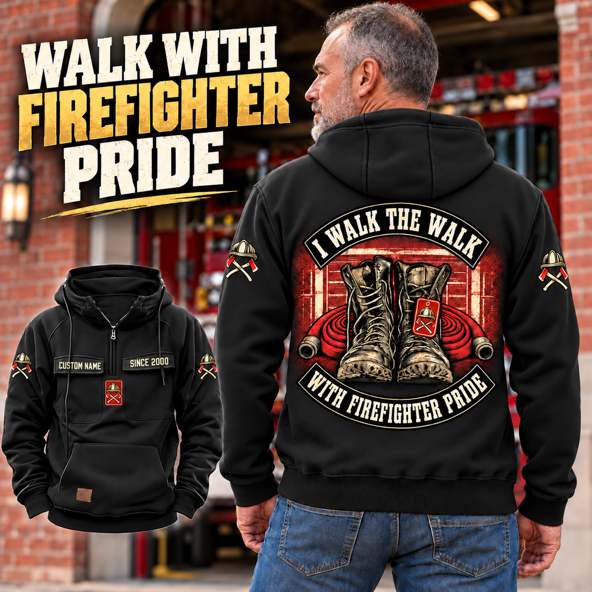 Black Firefighter Walk the Walk Badge Vintage Hoodie worn from behind at a brick fire station, showing boots and red hoses, with a smaller front view.