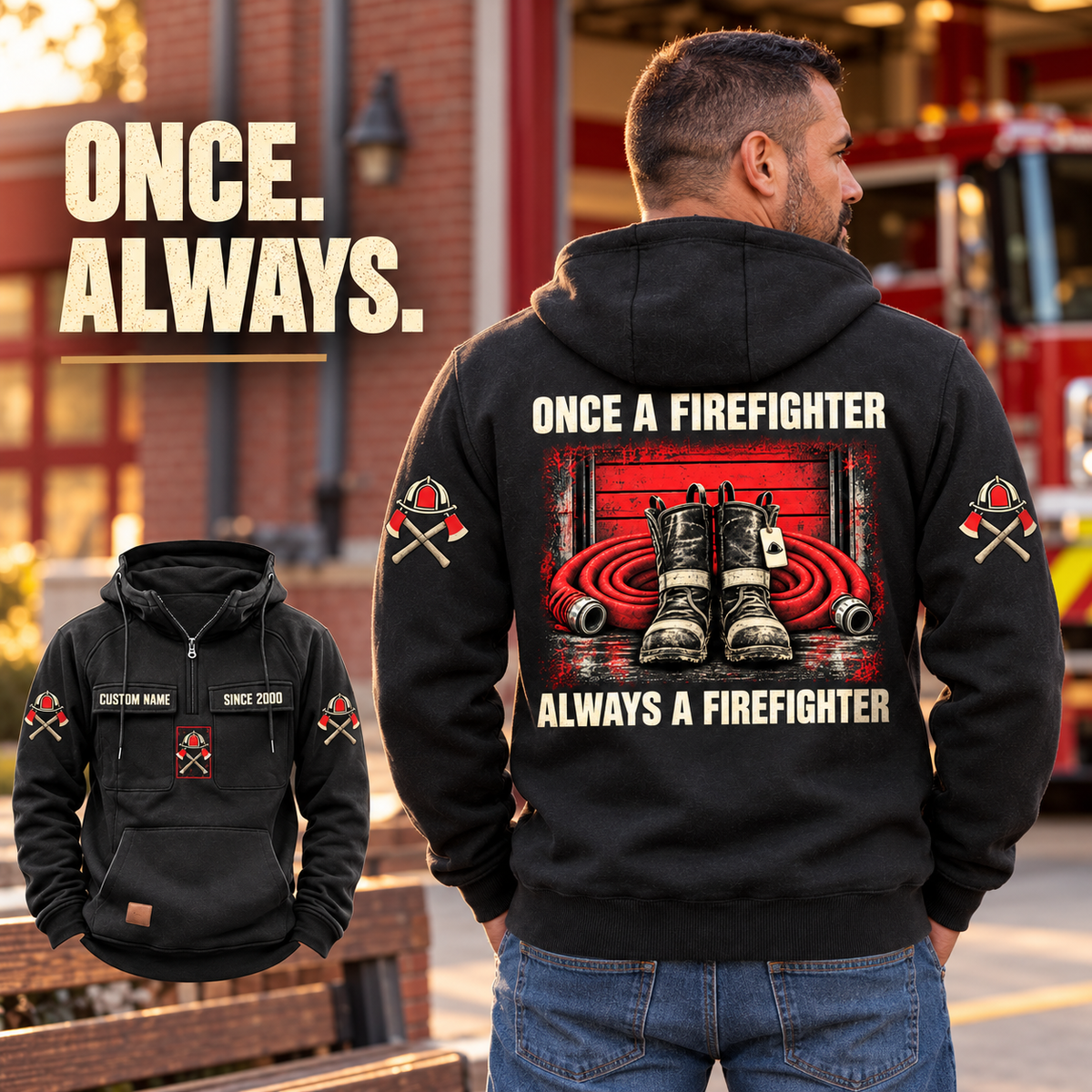 Black Firefighter Once and Always Vintage Hoodie with boots-and-hose back artwork on an off-duty model beside a fire-station bench, plus front inset.