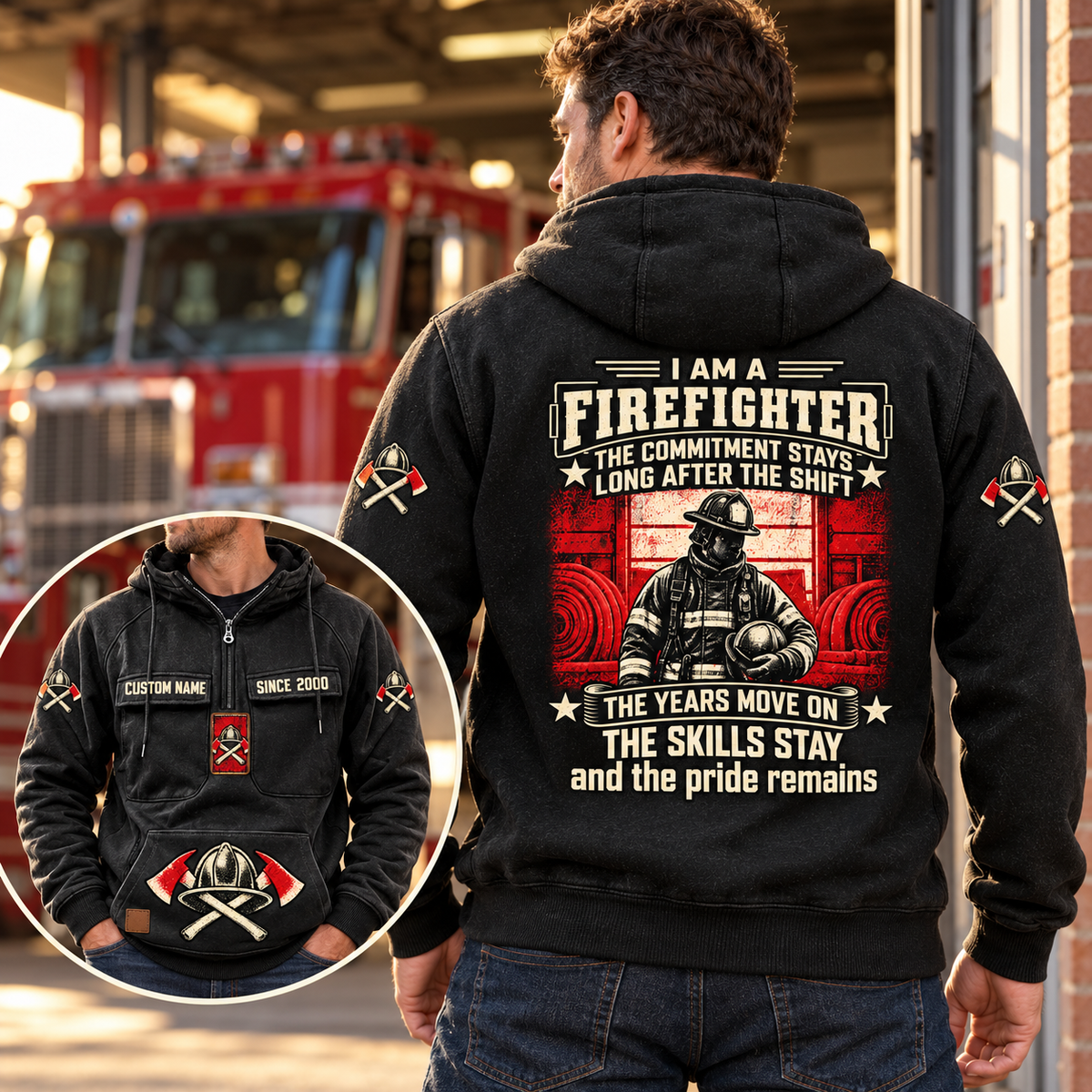 Black Firefighter Skills and Pride Vintage Hoodie on an off-duty model at a quiet fire station, showing the full back graphic and a matching front inset.